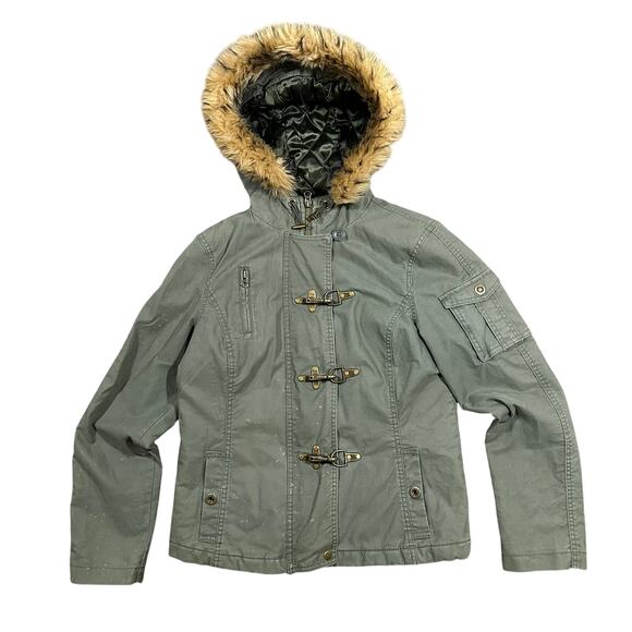 Old Navy Jackets & Blazers - Vintage Y2K Old Navy Faux Fur Hood Jacket Womens Medium Metal Clasps Military